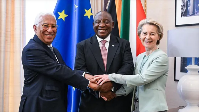 President Cyril Ramaphosa and President of the European Council, António Costa, and the President of the European Commission, Ursula von der Leyen, in Cape Town where EU leaders announced the first Clean Trade and Investment Partnership in November 2025, as part of the Global Gateway Investment Package.